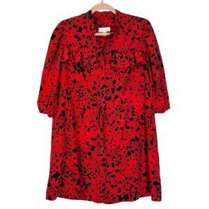 Topshop Red Black Splatter Print Button Up Tie Waist Side Pockets Shirt Dress 2